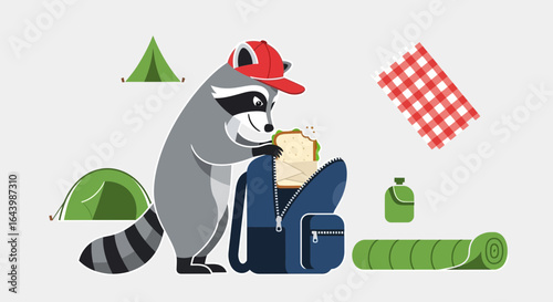 A mischievous raccoon steals a sandwich from a camping backpack in the woods cartoon