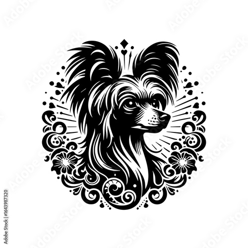 Chinese crested dog portrait with decorative elements isolated on white background