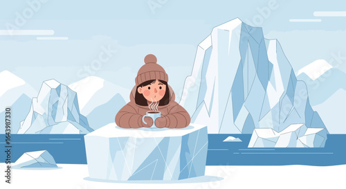 A woman in a winter coat enjoys a hot drink amidst a snowy Arctic landscape with icebergs