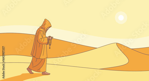 A Monk's spiritual journey through the desert with prayer beads in hand under the scorching sun
