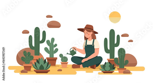A woman in overalls and a hat is taking care of her potted cacti and succulents