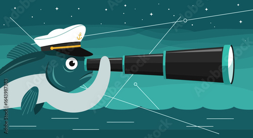 A Nautical Notion: Whimsical Fish Captain Navigating the Starry Waters Ahead