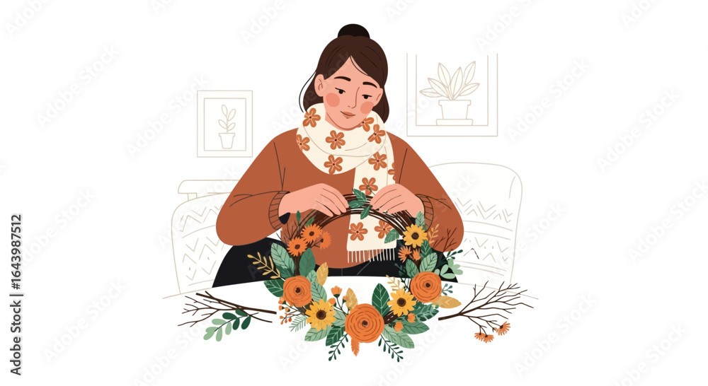 Obraz premium A woman making a floral wreath at home, creative hobby and fall season concept with floral decorations for autumn festive mood illustration