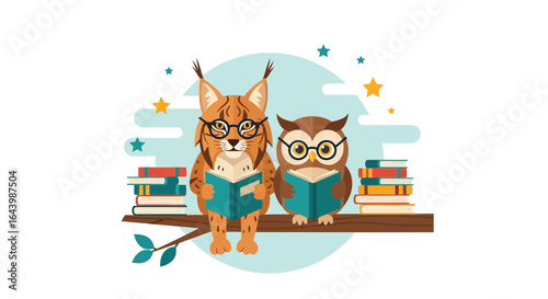 A cartoon lynx and owl wearing glasses reading books on a tree branch with stars