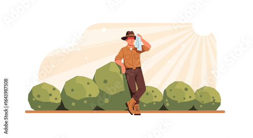 A cartoon man with hat, wiping his forehead with towel, leaning on bushes under sun rays after gardening