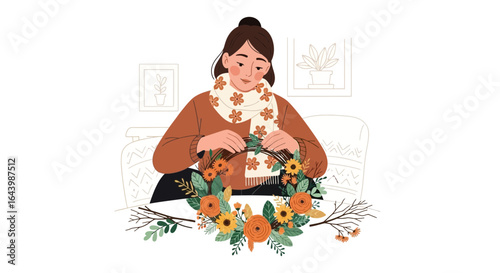 A woman making a floral wreath at home, creative hobby and fall season concept with floral decorations for autumn festive mood illustration