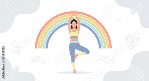 A woman practices tree pose yoga under a vibrant rainbow against a clean backdrop promoting wellness and balance