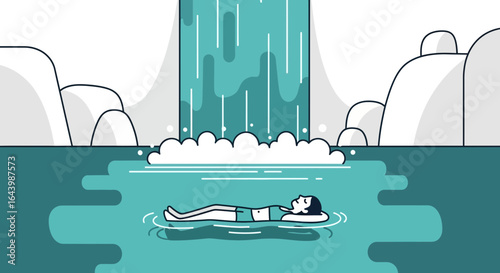 A peaceful scene of a person relaxing in water with a waterfall backdrop in a minimalistic style