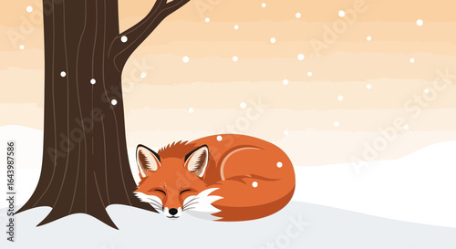 A peaceful winter scene depicting a fox sleeping peacefully under a tree while snow falls softly adding charm and tranquility