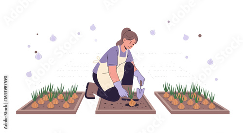A woman tending to her vegetable garden planting onions in raised garden beds and aprons with gardening gloves