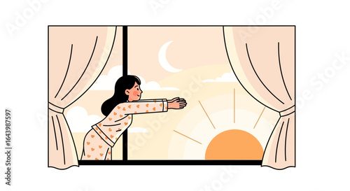 A woman welcomes a bright morning with open arms while looking through the window