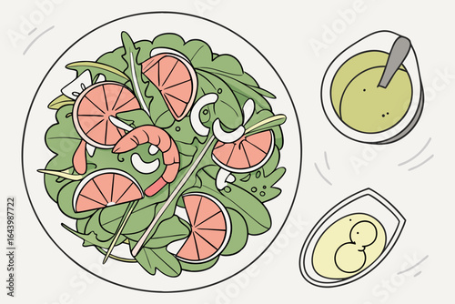 Light shrimp salad with arugula, grapefruit slices, and a vinaigrette dressing on minimalist background, modern flat illustration style.
