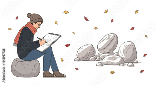 A young artist enjoys the autumn scenery while drawing rock formations outdoors peacefully