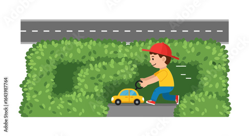 A young boy cheerfully pulls his yellow toy car along a path surrounded by lush greenery and beneath a quiet road above