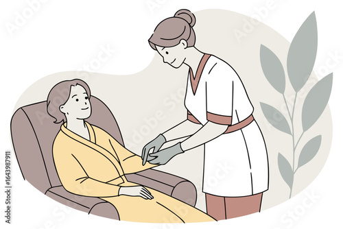 Peaceful client receives a paraffin wax hand treatment with therapist wrapping warm mitts.