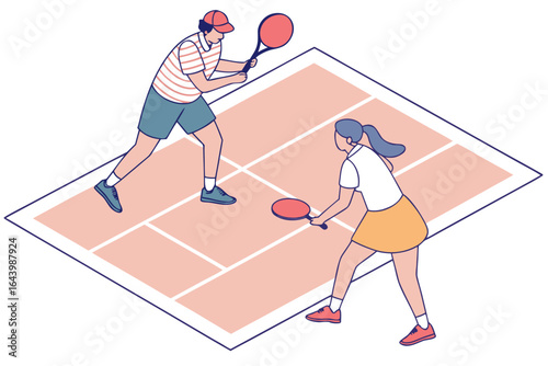 Pickleball doubles match in action with quick reflexes and bright paddle gear, modern flat illustration style.