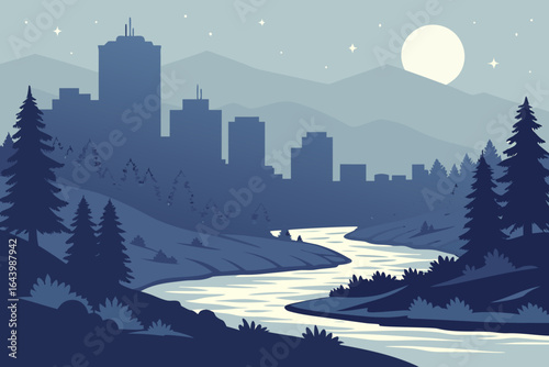 Reno skyline at dusk with the Truckee River winding through and hills and pine trees in darkened tones, modern flat illustration style.