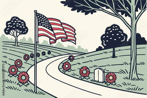 Quiet rural roads lined with flags and wreaths for Pearl Harbor Remembrance Day memorials.