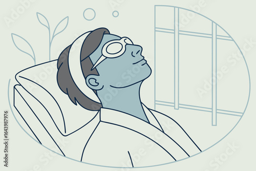 Peaceful man reclines with a cooling eye mask during a hydrating facial in a softly lit spa room.