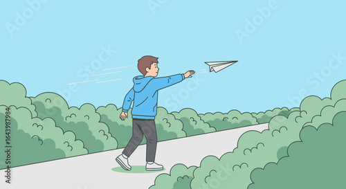 A young boy sends a paper airplane into the sky on a sunny day, symbolizing dreams and aspirations in a minimalist scene