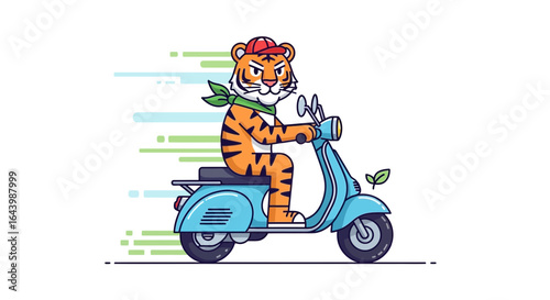 A cartoon tiger wearing a hat and scarf riding a blue vintage scooter with motion lines suggesting speed illustration design element
