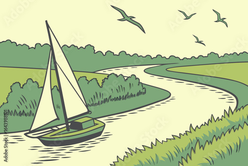 Sailing through the delta of the Po River in northern Italy with birds flying above the marshlands, modern flat illustration style.
