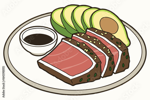 Seared tuna steak with sesame crust, avocado slices, and soy dipping sauce on a ceramic dish, modern flat illustration style.