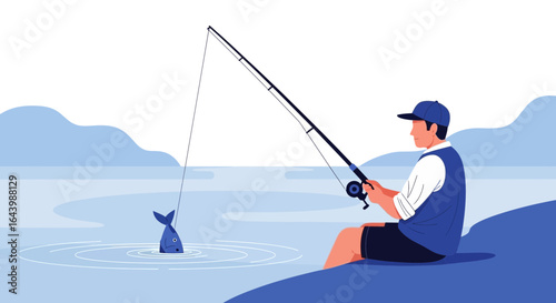A Relaxing Day Fishing: Man Angling by the Water with a Catch Illustration