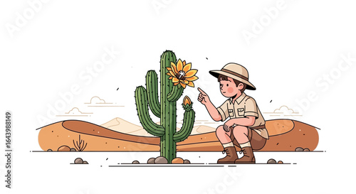 A young explorer discovers the beauty of a blooming cactus flower in the desert landscape illustration