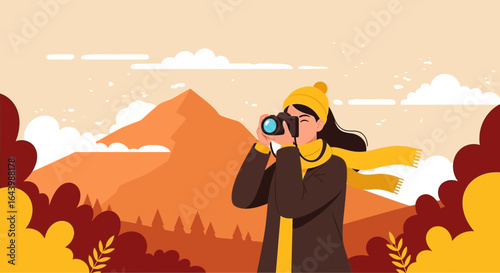 A young female photographer with a camera in a beautiful autumn landscape illustration