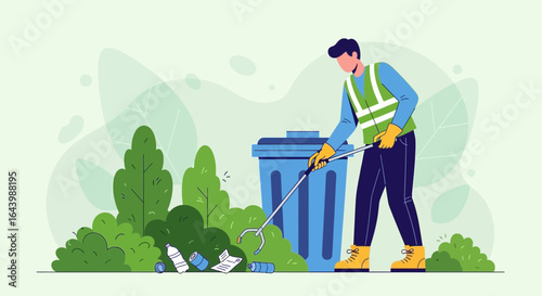 A sanitation worker is collecting and cleaning up scattered garbage outdoors cartoon illustration for waste management concept