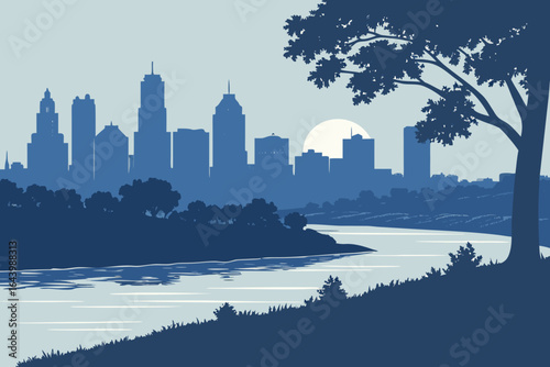 Kansas City skyline at dusk with soft lights from towers reflecting in the Missouri River and distant tree silhouettes, modern flat illustration style.