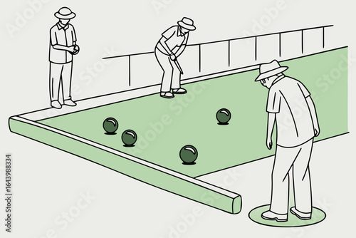 Lawn bowls set rolling gently on a flat green with seniors in white uniforms nearby, modern flat illustration style.