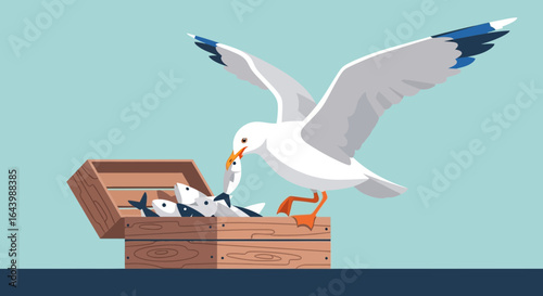 A seagull stealing a fish from a wooden crate in a comical illustration scene showing nature and wildlife interaction with whimsical charm and simplicity