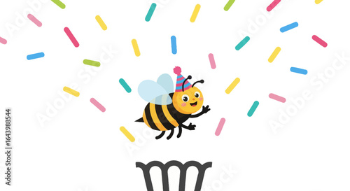 A charming birthday-themed cartoon illustration featuring a happy bee and colorful sprinkles illustration