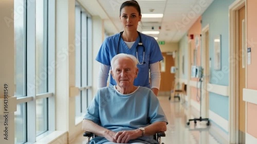 Nurse pushing elderly male patient in wheelchair down hospital corridor