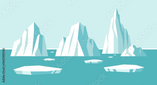 A Serene Arctic Landscape: Illustrative Icebergs Floating in Calm, Turquoise Waters under a Pale Blue Sky