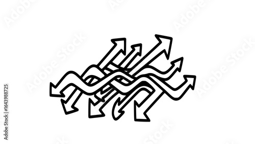 Tangled arrows indicating multiple directions isolated on white background