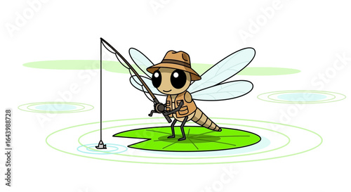 A charming cartoon dragonfly fisherman is depicted on a lily pad casting a line in a serene pond a delightful vector illustration