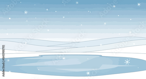 A serene cartoon winter scene featuring a frozen lake and softly falling snowflakes creates a calming and peaceful atmosphere