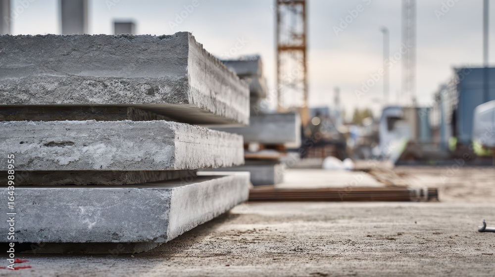 Stacked Concrete Slabs at a Construction Site, Ready for Use Stacked Concrete Slabs at a Construction Site, Ready for Use