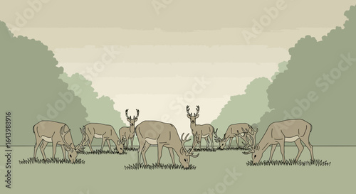 A serene depiction of a herd of deer grazing peacefully in a forest clearing sketch