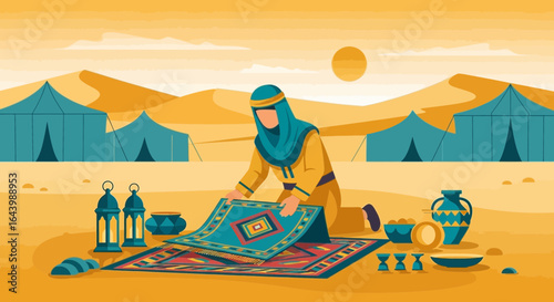 A serene desert scene with a woman preparing a carpet amidst traditional elements and a desert backdrop