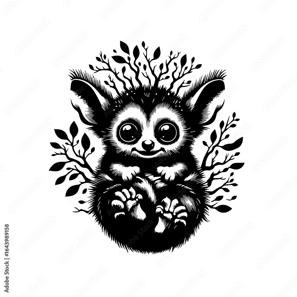 Fototapeta premium Cute tarsier with big eyes sitting on a branch isolated on white background