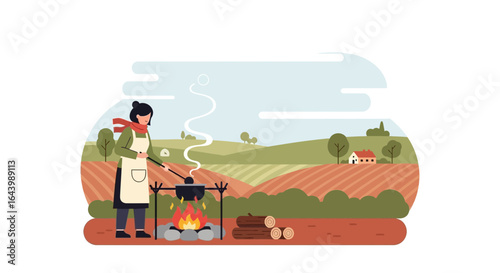 A charming countryside illustration of a woman cooking over an open fire pit outdoors