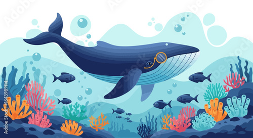 A charming cartoon whale wearing a monocle swimming underwater near coral reef