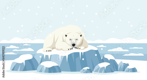A serene illustration depicting a sleeping polar bear on a glacial ice floe in the Arctic with falling snow creating an atmosphere of peace