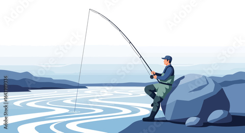 A serene illustration of a fisherman angling from the bank of a tranquil river scene