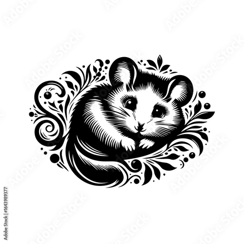 Illustration of a cute chinchilla surrounded by decorative leaves isolated on white background