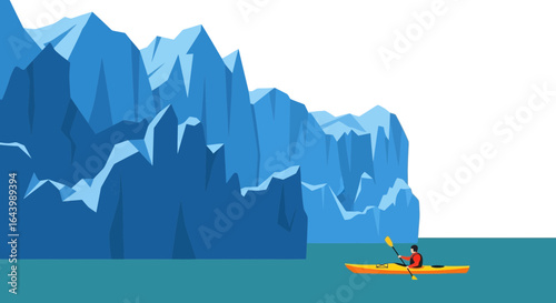 A serene illustration of a kayaker navigating icy waters near towering ice cliffs offering a sense of adventure and peacefulness